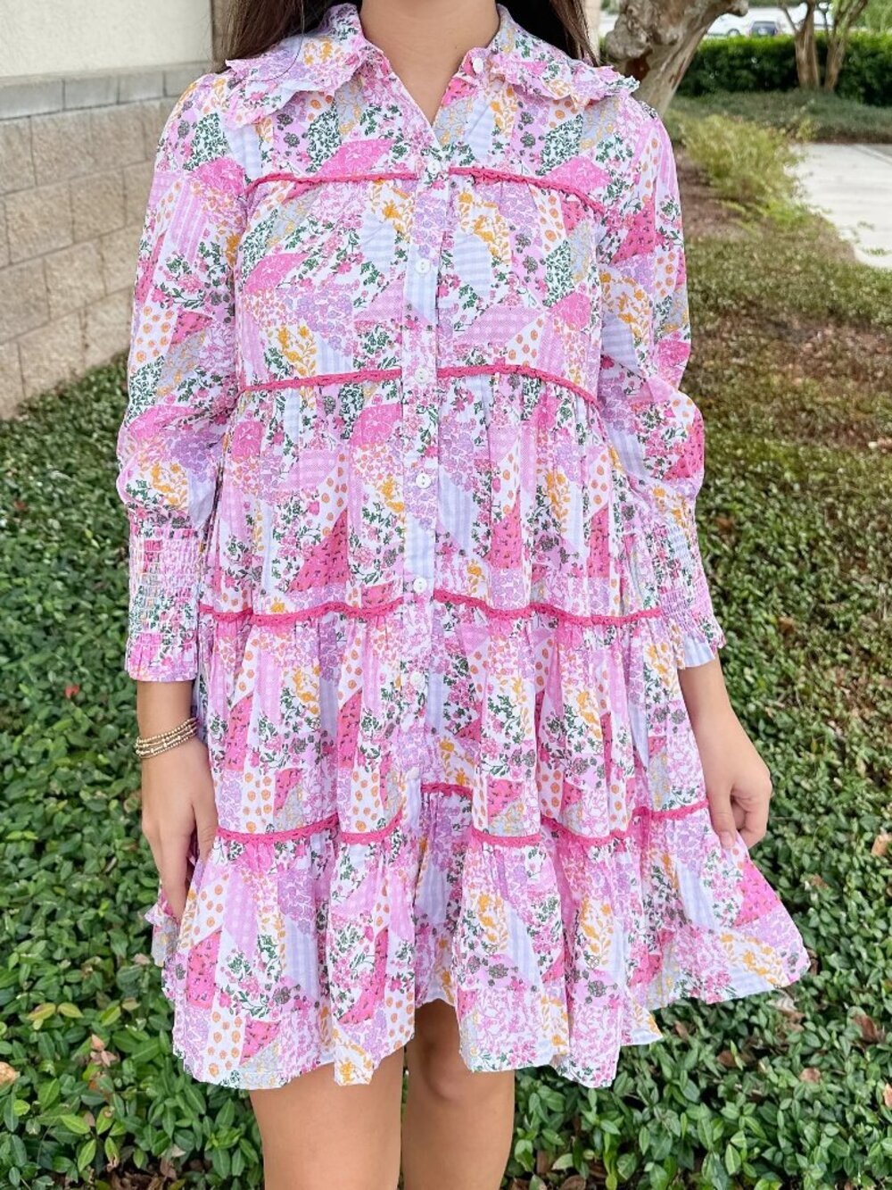 Simply Southern Pink Patchwork Ruffle Tiered Button Front Mini Dress NWT Large